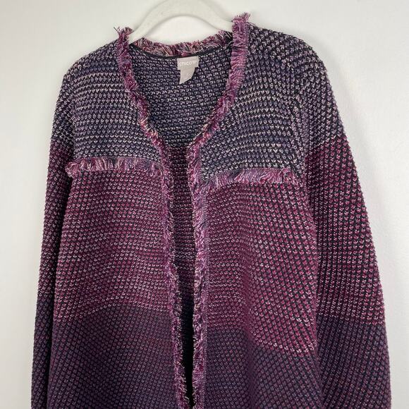 Chicos Marled Fringe Cardigan Sweater Purple Colorblock Metallic Knit Jacket XL - Picture 8 of 12